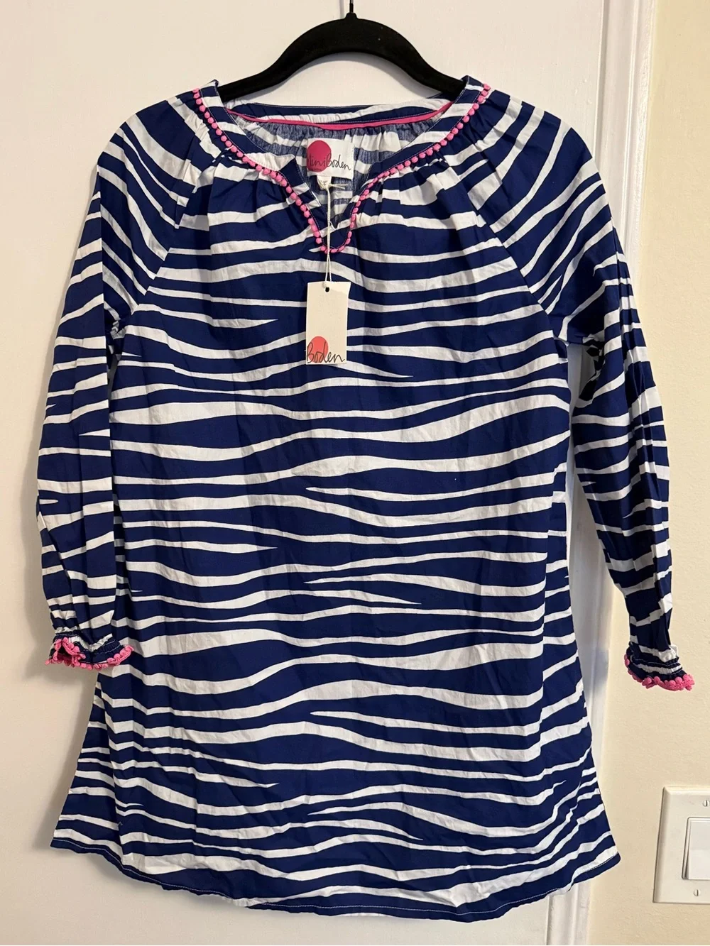 Mini Boden Navy and White Striped Tunic with Pink Trim